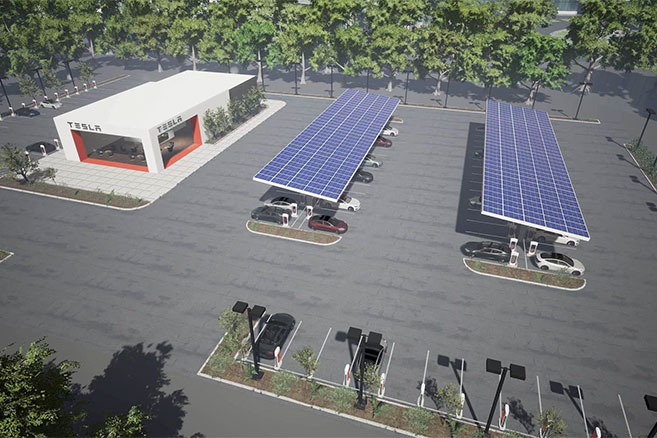 un centre commercial français installe une station tesla équipée de 16 superchargeurs pour offrir une recharge rapide et pratique aux conducteurs de véhicules électriques.